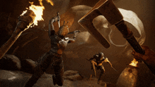 a video game scene with a man holding a torch and a man holding a sword