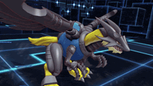a robotic dragon with a blue and yellow body and a yellow tail