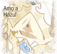 a cookie run character is crying and holding a cookie with the words `` amo a hazu '' written on it .