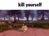 a picture of a girl in a yellow raincoat with the words kill yourself below her