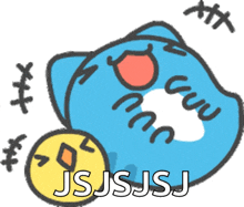a cartoon drawing of a blue cat with the words jsjsjsj written on it