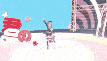 a girl is dancing on a stage in front of a sign that says ' i love you '