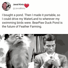a black and white photo of a monkey next to a man in a suit and tie
