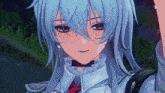 a close up of a girl 's face in a video game with a license written on the bottom