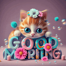 a kitten with flowers on its head is sitting on a sign that says good morning