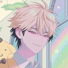 a close up of a person 's face with a teddy bear in the foreground