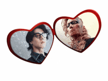 two red hearts with a picture of a man and a picture of a zombie