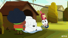 a cartoon character is standing next to a dog in a doghouse with netflix written on the bottom