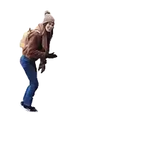 a woman in a hat and scarf is kicking her leg