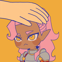 a cartoon character with pink hair and yellow eyes is being touched by someone 's hand