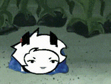 a black and white drawing of a cartoon character with horns and a headset .