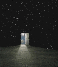 an open door in a dark room with a shooting star in the background
