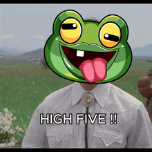 a man in a white shirt with a frog on his head says high five