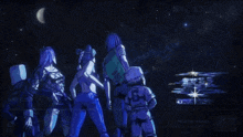 a group of cartoon characters standing in front of a moon