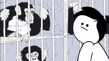 a black and white cartoon of a man looking at two chimpanzees in cages