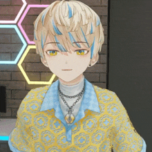 a boy with blue and white hair is wearing a yellow shirt and necklace