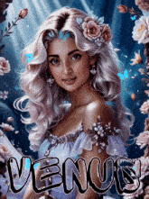 a painting of a woman with flowers in her hair and the word venus below her