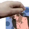 a hand is touching a man 's forehead in a pixel art style .