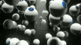 a cartoon character is surrounded by a bunch of white balls with blue eyes
