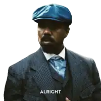 a man in a suit and hat says " alright " on a white background