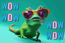 a green lizard wearing sunglasses with the words wow behind it