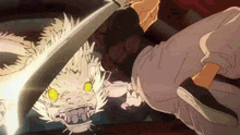 a cartoon of a person holding a sword in front of a monster with yellow eyes .