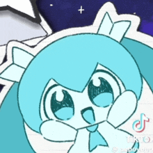a drawing of a girl with blue hair and a tiktok sticker