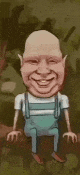 a cartoon drawing of a bald man wearing overalls