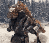 a man in armor is carrying a large monster on his back