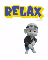 a cartoon character is standing in front of a yellow sign that says relax