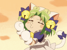 a girl with green hair is wearing a cat costume with bells