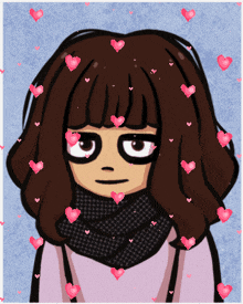 a cartoon of a girl with hearts around her