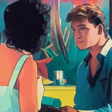 a man and woman are looking at each other in a painting