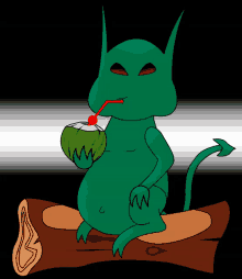 a cartoon devil drinking from a coconut with a red straw