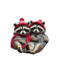 two raccoons wearing red hats and scarves are hugging each other