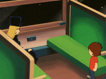 a cartoon drawing of a boy and a woman sitting in green cubicles
