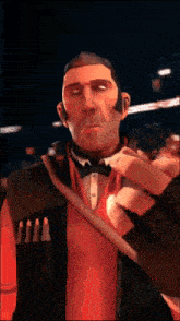 a man in a tuxedo and bow tie is holding a gun in his pocket