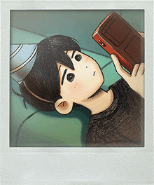 a cartoon boy wearing a party hat is holding a cell phone