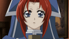 a close up of a red haired anime character with blue eyes