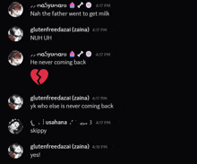 a screenshot of a text conversation between masyunaro and glutenfreedazai ( zaina )