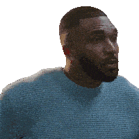 a man with a beard wearing a blue sweater looks surprised