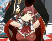 a girl in a red and black outfit has a badge that says hololive on it
