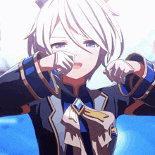a girl with white hair and blue eyes covering her nose