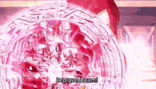 a cartoon character is standing in front of a circular object with the words `` depraved scum '' .