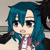 a cartoon girl with blue hair is holding a microphone