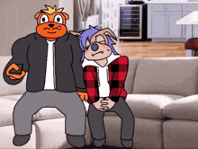 two cartoon characters are sitting on a couch and one is holding a cell phone