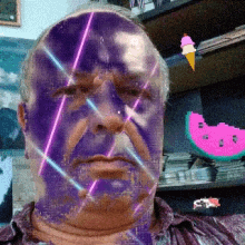 a man with a purple face and a pink watermelon