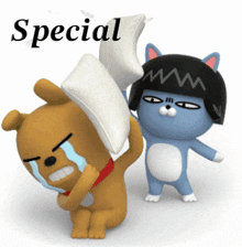 a cartoon bear is crying while a cat holds a white pillow