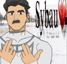 a cartoon drawing of a man with a mustache in front of a sybeau logo
