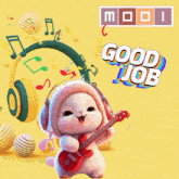 a cartoon rabbit is holding a guitar and wearing headphones with the words good job behind it